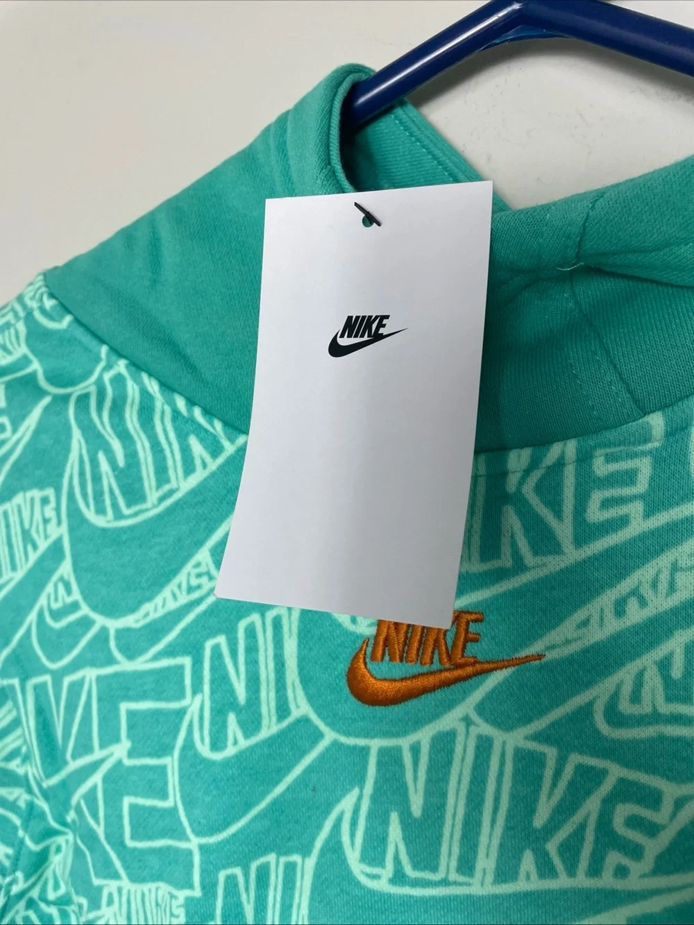 Nike Youth Teal All-Over Logo Hoodie with Orange Swoosh size Youth XL